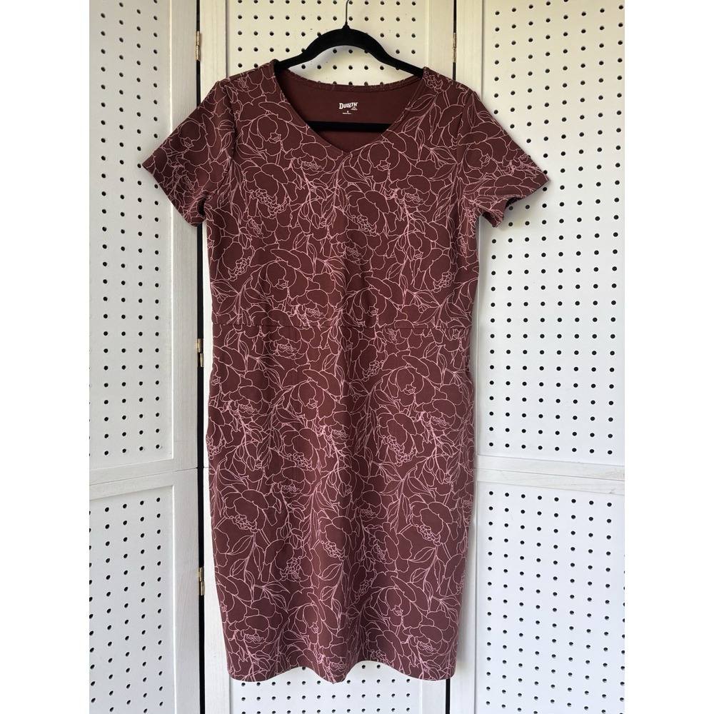 Duluth Trading Mauve Pink Patterned Tee Shirt Dress Women's Small V Neck Pockets